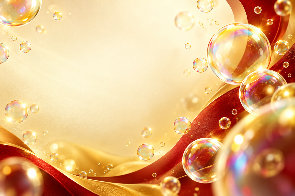 Golden translucent bubbles on a warm cream and red Bubblero brand background